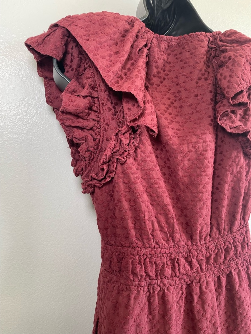 Chelsea & Violet Burgundy Swiss Dot Ruffle Midi Dress Size L (RUNS SMALL) - Picture 8 of 14